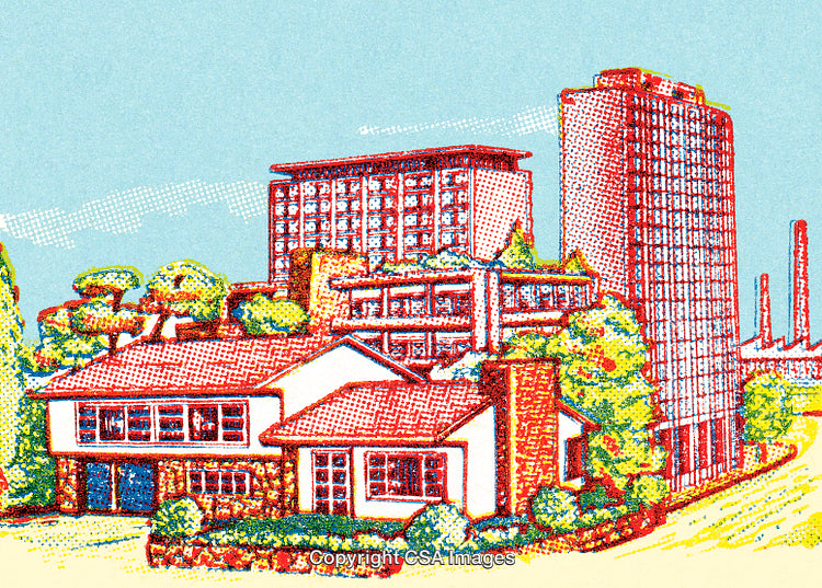 Stylized Depiction of Urban Architecture Contrasting City Buildings and a Family Residence