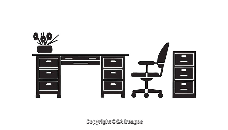 Black and White Office Furniture Line Art Illustration