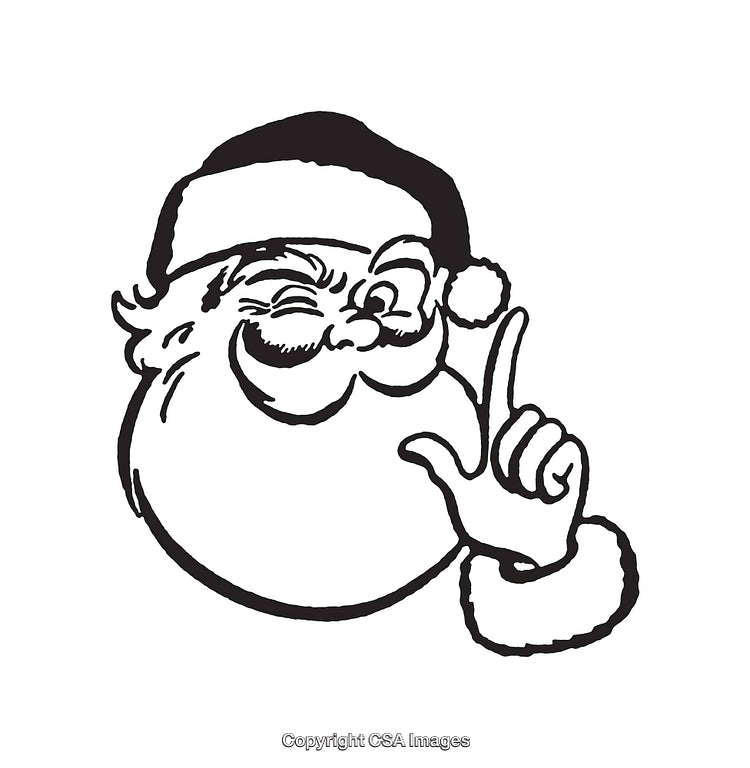 Black and White Line Drawing of Santa Claus Winking