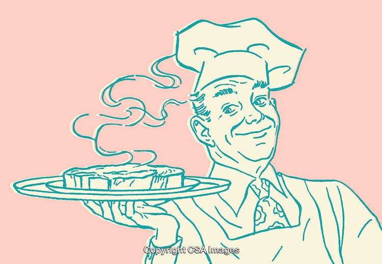 Vintage Illustration of a Smiling Chef Holding a Freshly Baked Dish