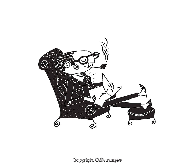 Black and White Line Art of a Man Relaxing with Tea