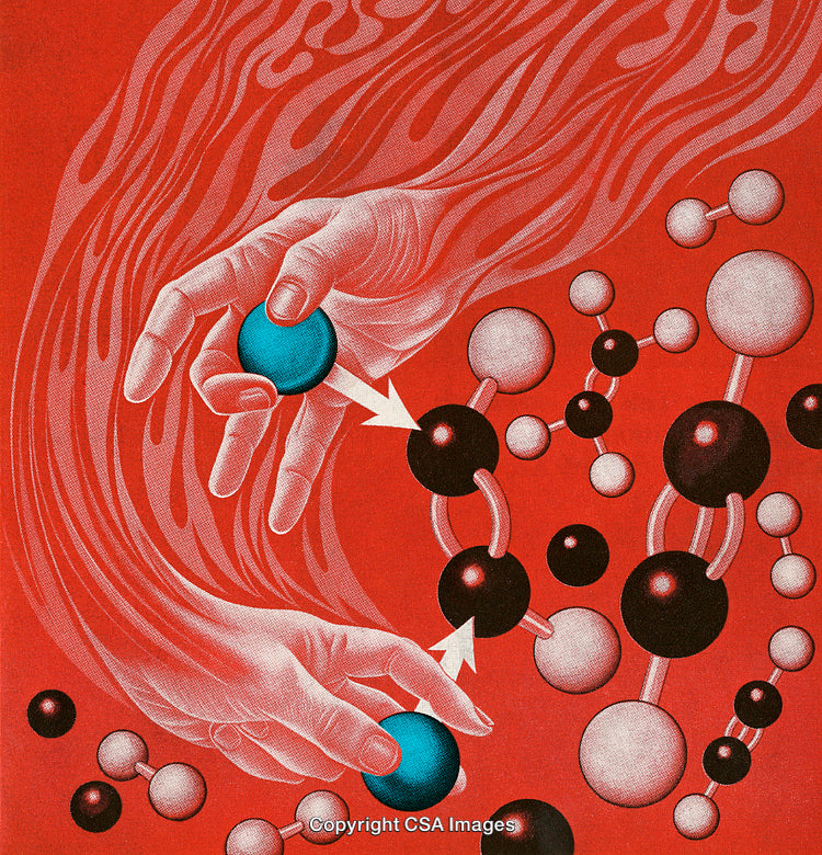 Illustrated Hands Interacting with Molecular Structures on Red Background