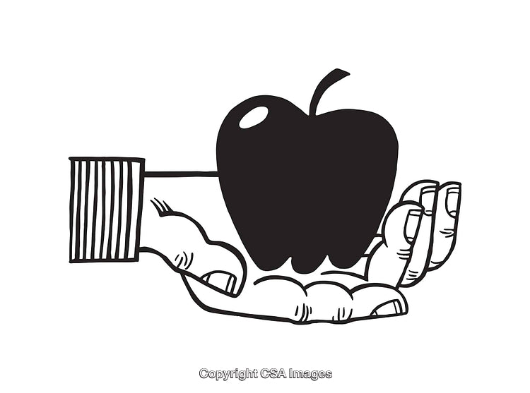 Black and White Line Art of a Hand Holding an Apple