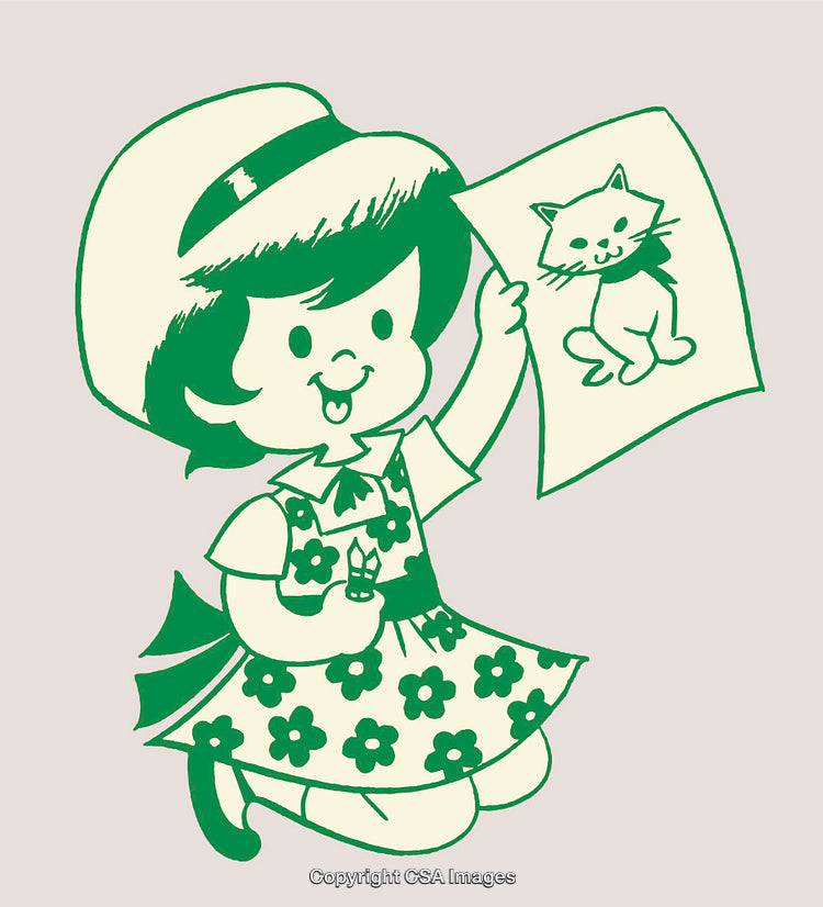 Smiling Child Displaying a Cat Drawing While Holding Drawing Tools