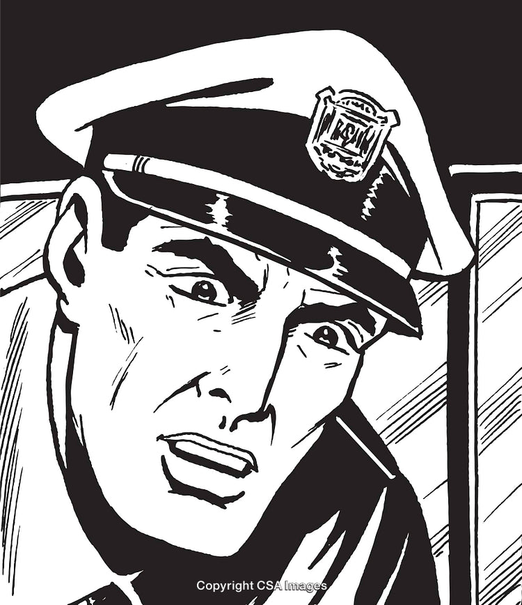 Monochrome Illustration of a Serious Policeman in Vintage Comic Art Style