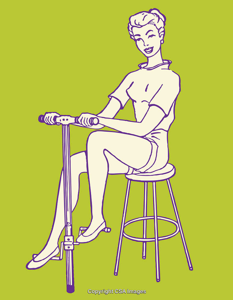 Retro-Inspired Woman Illustration Sitting on a Stool for Fitness or Relaxation