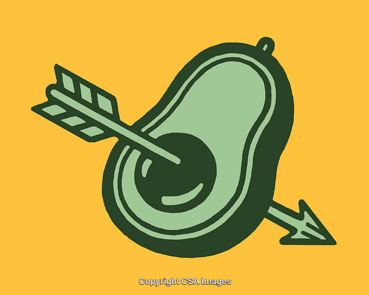 Colorful Line Art of Avocado with Embedded Arrow on Yellow Background