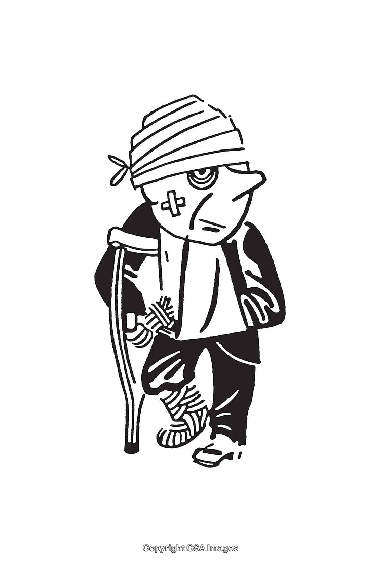Injured Character Sketch with Crutch in Black and White Line Art Style