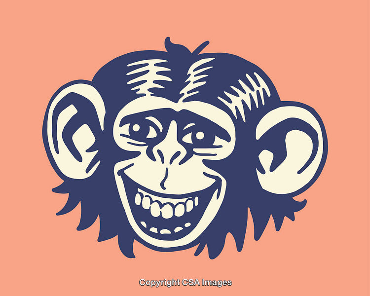 Retro Stylized Illustration of a Smiling Chimpanzee on Colored Background