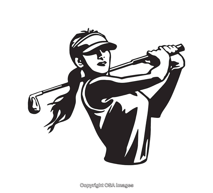 Black And White Line Art Illustration of a Woman Playing Golf
