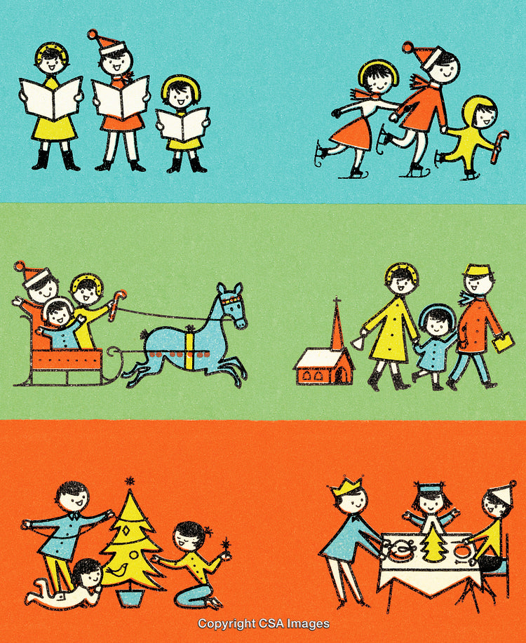 Colorful Illustrations Depicting Joyful Christmas Activities with Families and Friends