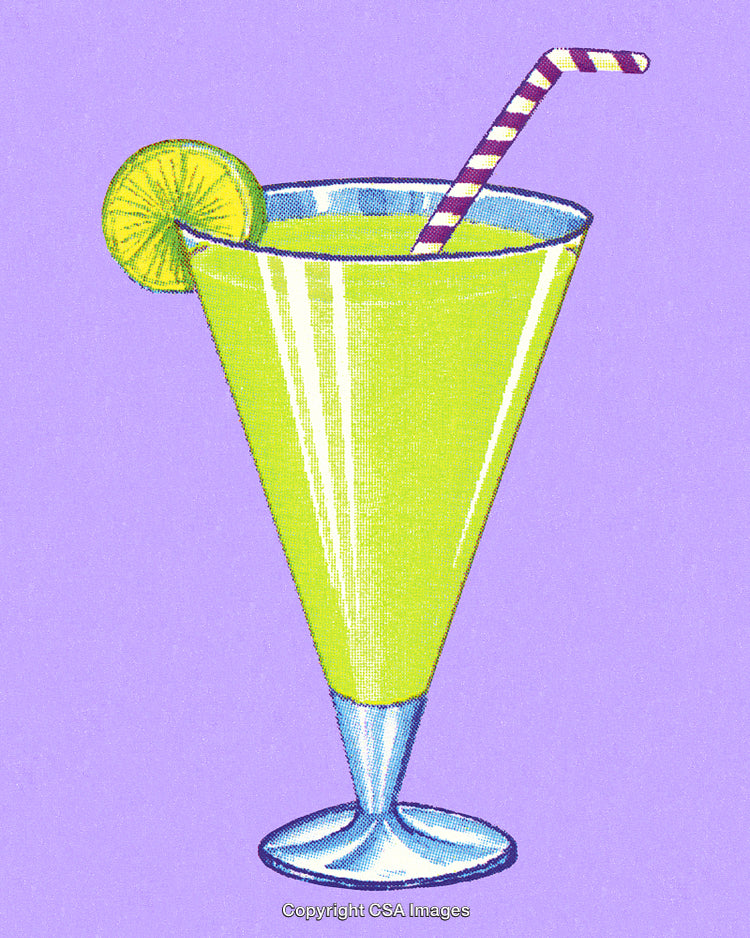 Lime Green Beverage in Fancy Glass with Lemon Slice and Purple Background
