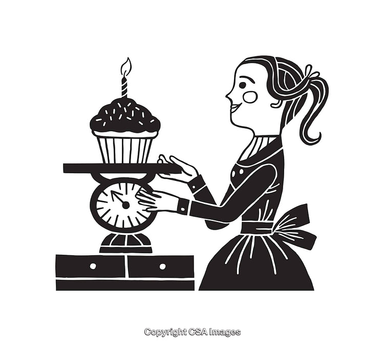 Black and White Illustration of Woman Measuring Cupcake on Scale