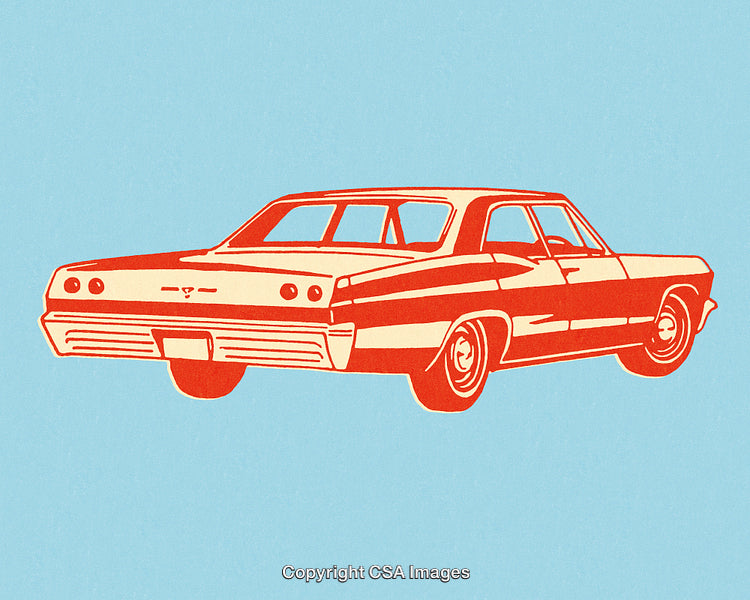 Vintage Red Sedan Car Illustration on Blue Background