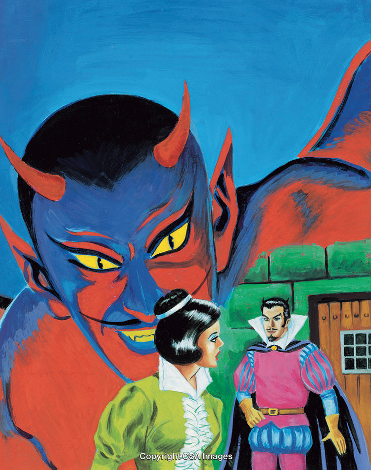Fantasy Artwork Depicting a Devilish Figure and Two Historic Characters