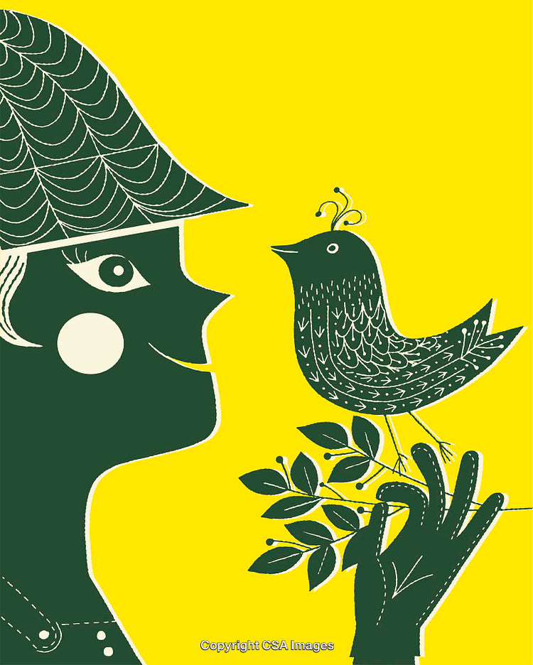 Artistic Illustration of a Woman with a Bird on Yellow Background
