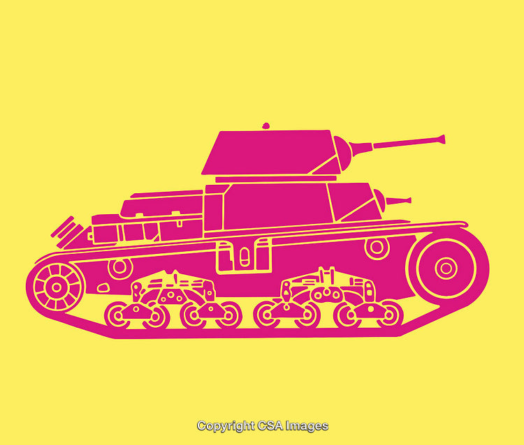 Colorful Line Art Illustration of a Tank on Yellow Background