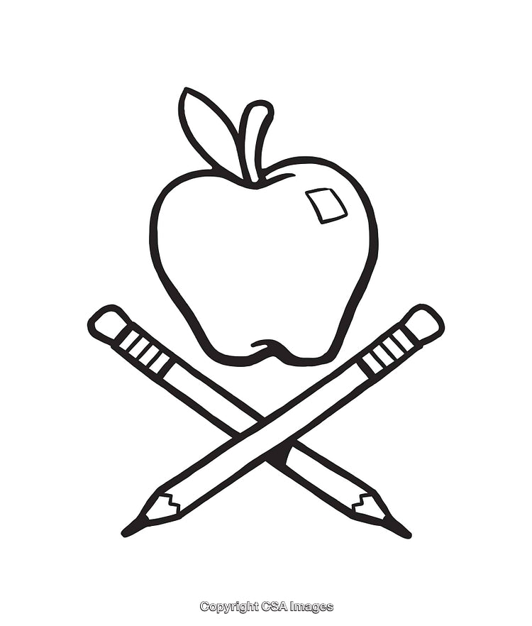 Black and White Illustration of an Apple with Crossed Pencils