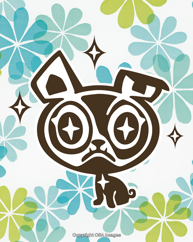 Cute Stylized Cartoon Dog With Sparkling Eyes Over Floral Background