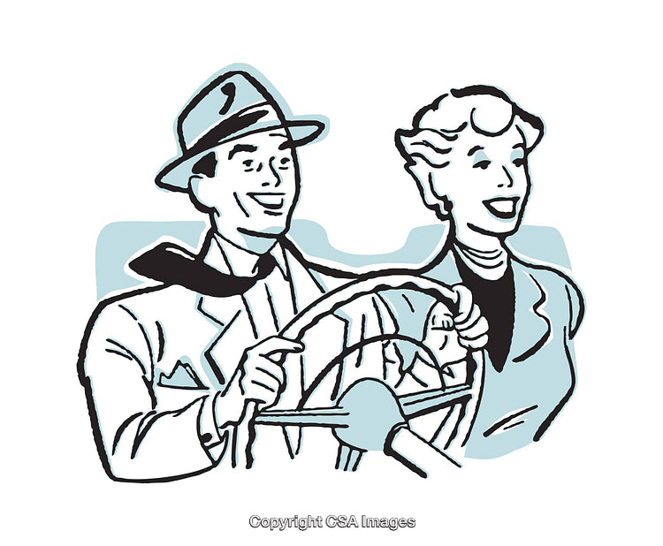 Vintage Illustration of a Happy Couple Driving Together in Classic Style