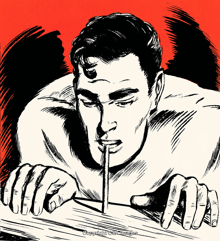Artistic Retro Illustration of a Man and Unique Action on a Red Background