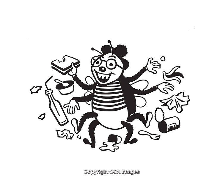 Playful Cartoon Insect Surrounded by Various Everyday Objects in Line Art
