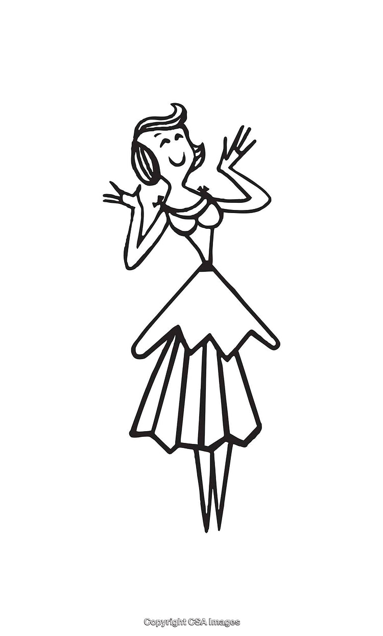 Black And White Cartoon Illustration of a Woman In a Chic Dress