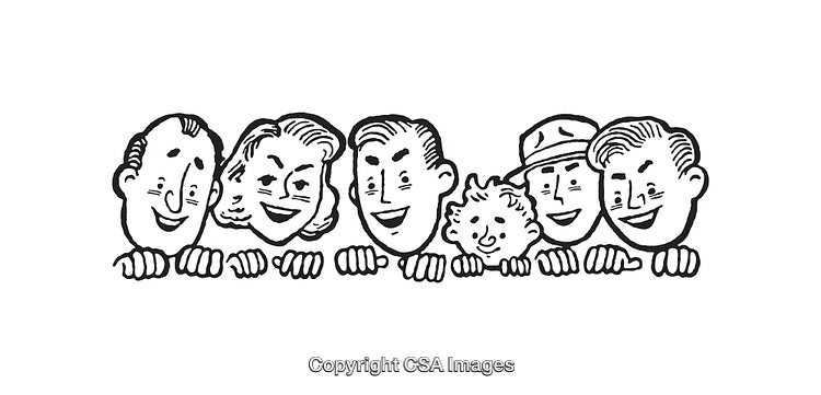 Group of Smiling People Drawn in Vintage Black and White Line Art Illustration