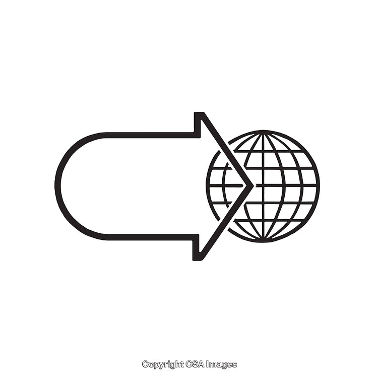Black and White Icon Showing Arrow With a Globe Outline