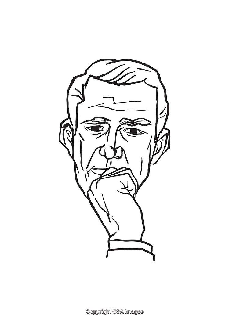 Black and White Line Art Portrait of a Person in Thoughtful Pose