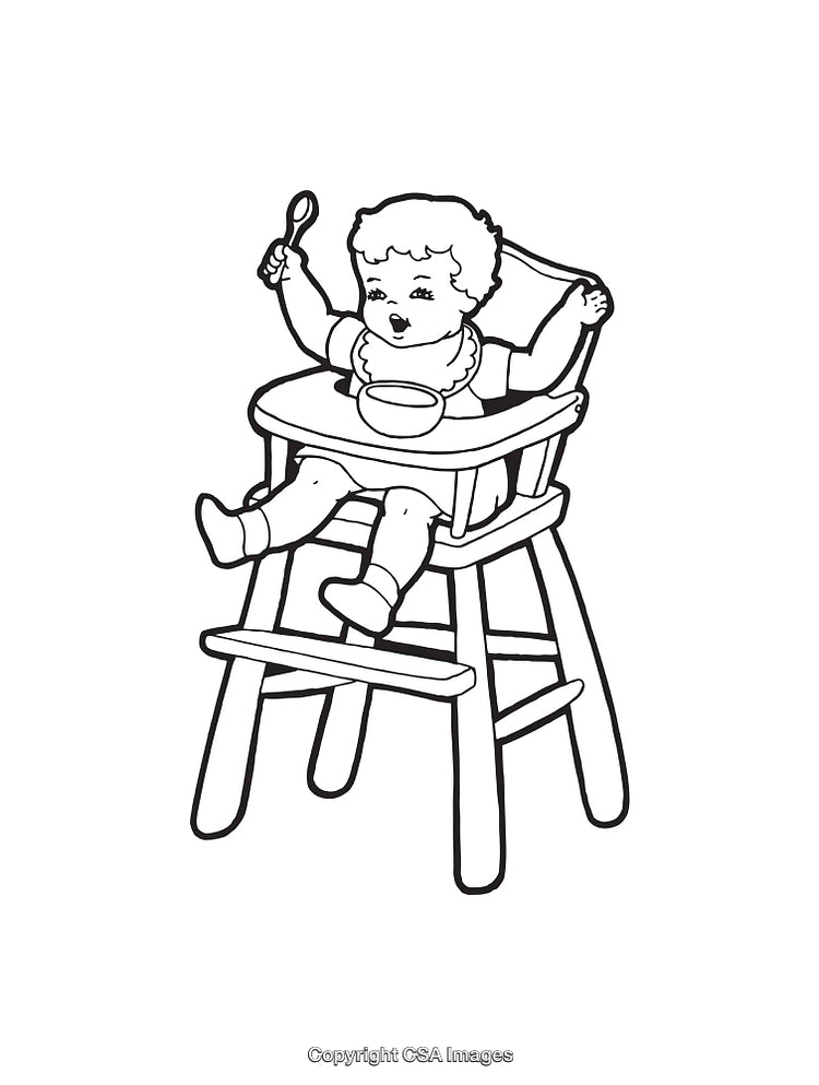 Line Art Illustration of a Baby in a Highchair