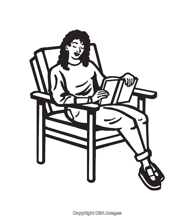 Black and White Line Art of a Woman Relaxing and Reading in a Chair