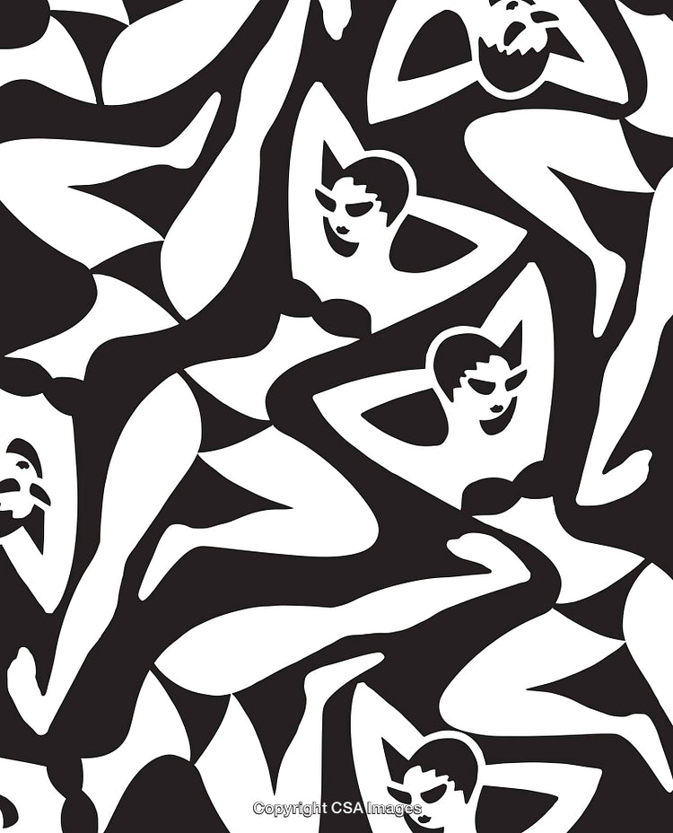 Abstract Black and White Pattern with Silhouetted Figures in Geometric Design