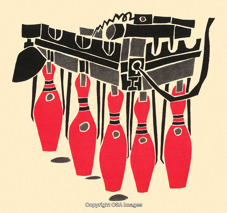 Abstract Representation Featuring Red Bowling Pins and Mechanical Shapes