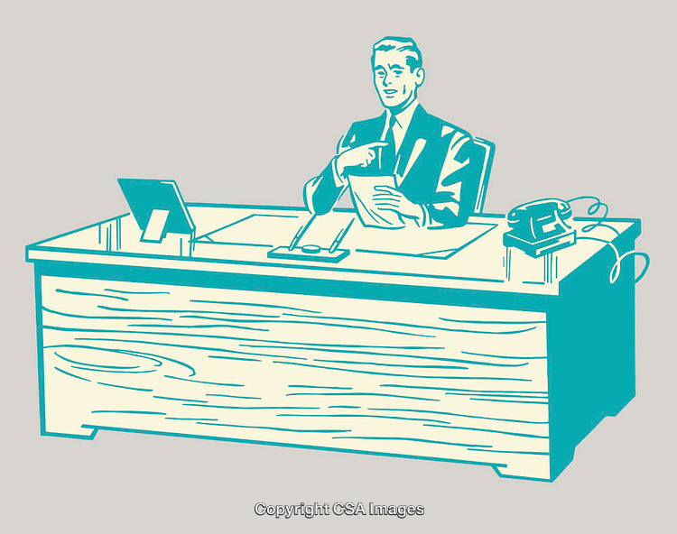 Retro Illustrated Businessman Sitting at Desk in Classic Office Setting