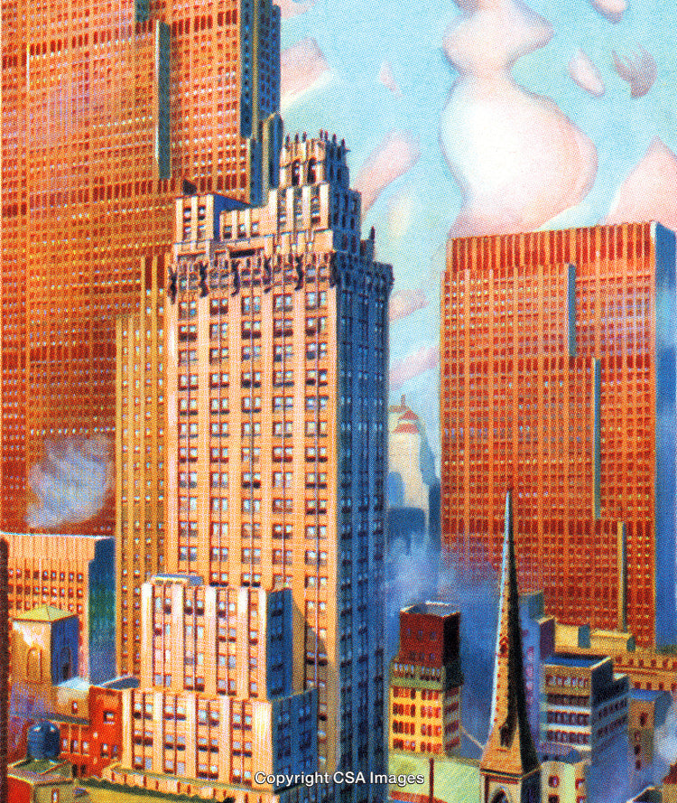 Colorful Cityscape Depiction Featuring Art Deco Architecture and Vibrant Urban Skyline