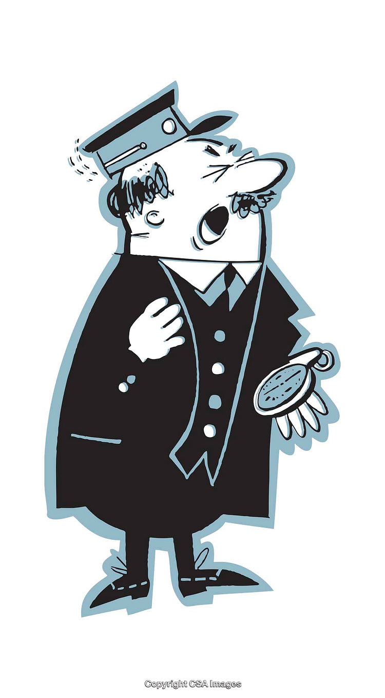 Whimsical Cartoon of a Railway Conductor Holding a Pocket Watch