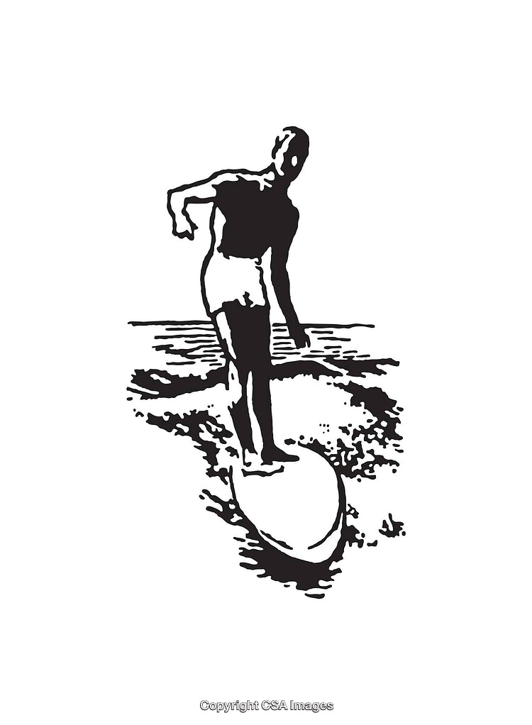 Black and White Line Art Surfing Illustration on a Wave