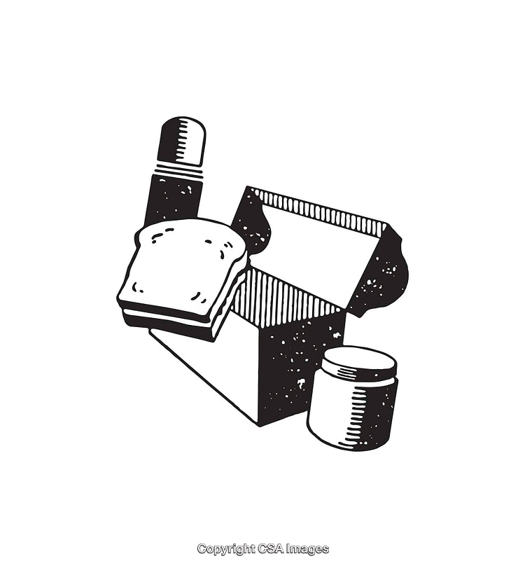 Black and White Line Art of Picnic Lunchbox with Sandwich and Jar