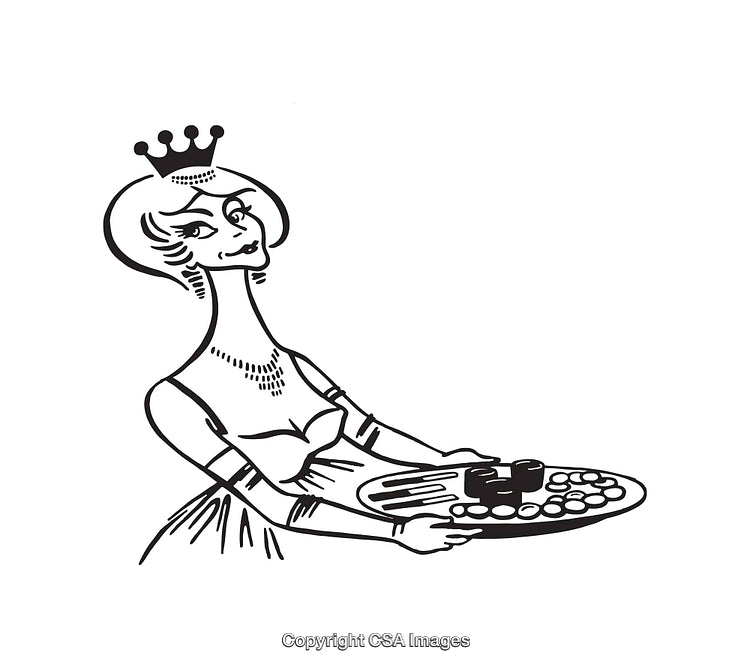 Elegant Cartoon Princess Holding a Tray of Food Items in Line Art Style