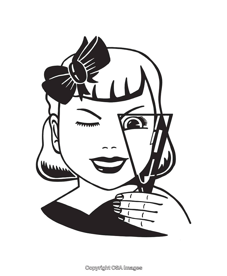 Black and White Retro Style Girl with Stylish Hair and Glasses Line Art