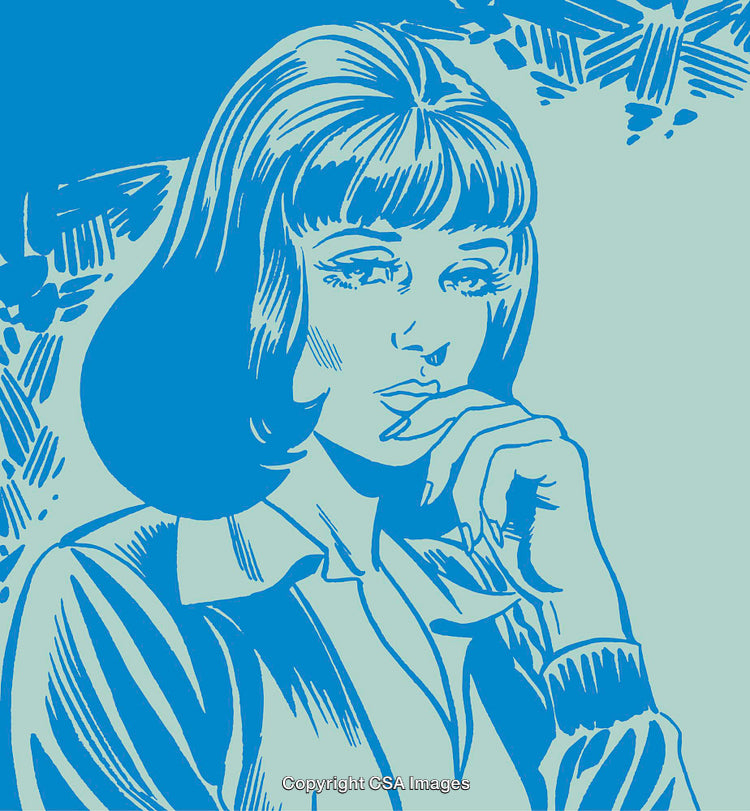 Vintage Styled Illustration of a Thoughtful Woman in Blue Tones