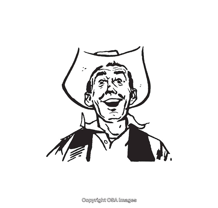 Black and White Line Art of Smiling Cowboy Portrait