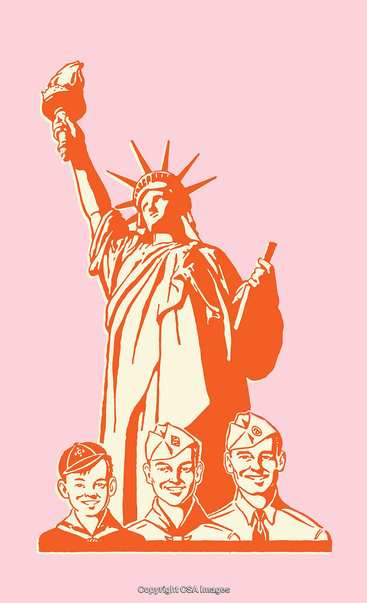 Colorful Patriotic Illustration Featuring Statue of Liberty and Three Military Figures