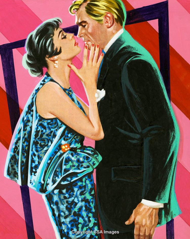 Vintage Style Romantic Couple Embracing with Artistic Background
