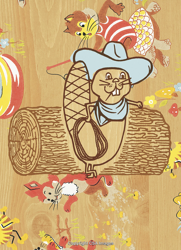 Cartoon Beaver With Hat and Animals in Playful Woodland Setting