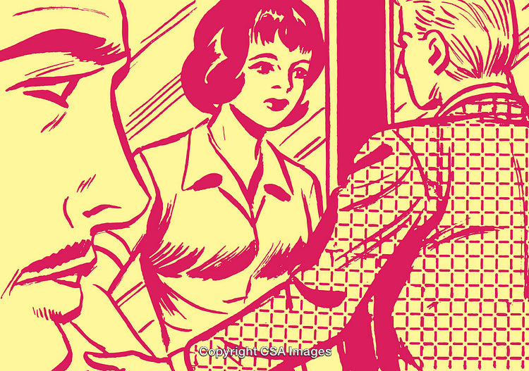 Vintage Comic Style Illustration Featuring a Dramatic Scene of Three Characters