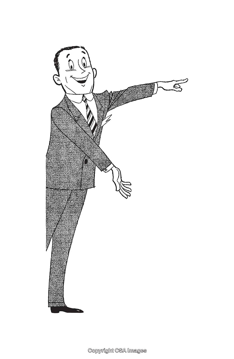 Retro Illustration of Smiling Man Gesturing in Black and White