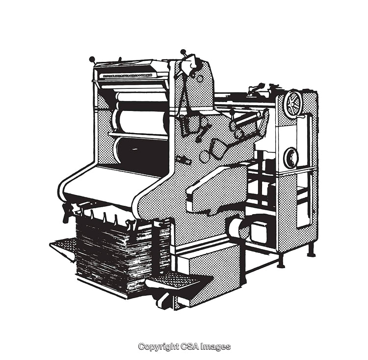 Vintage Line Art Illustration of a Printing Press Machine in Black and White