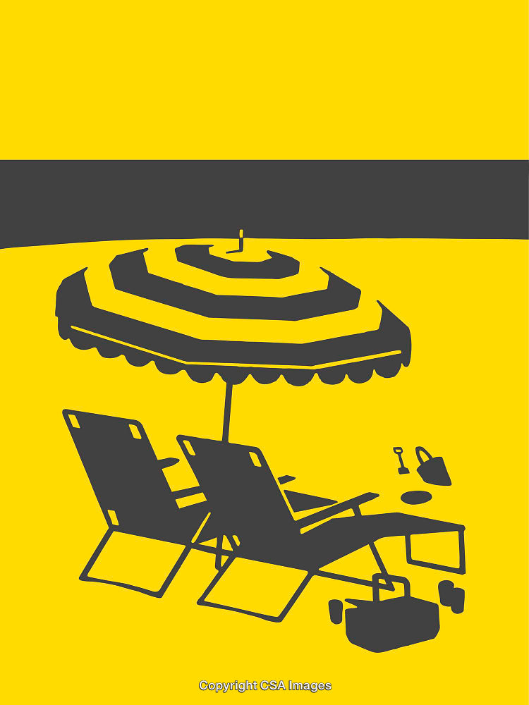 Minimalistic Illustration of a Beach Scene with Chairs and Umbrella